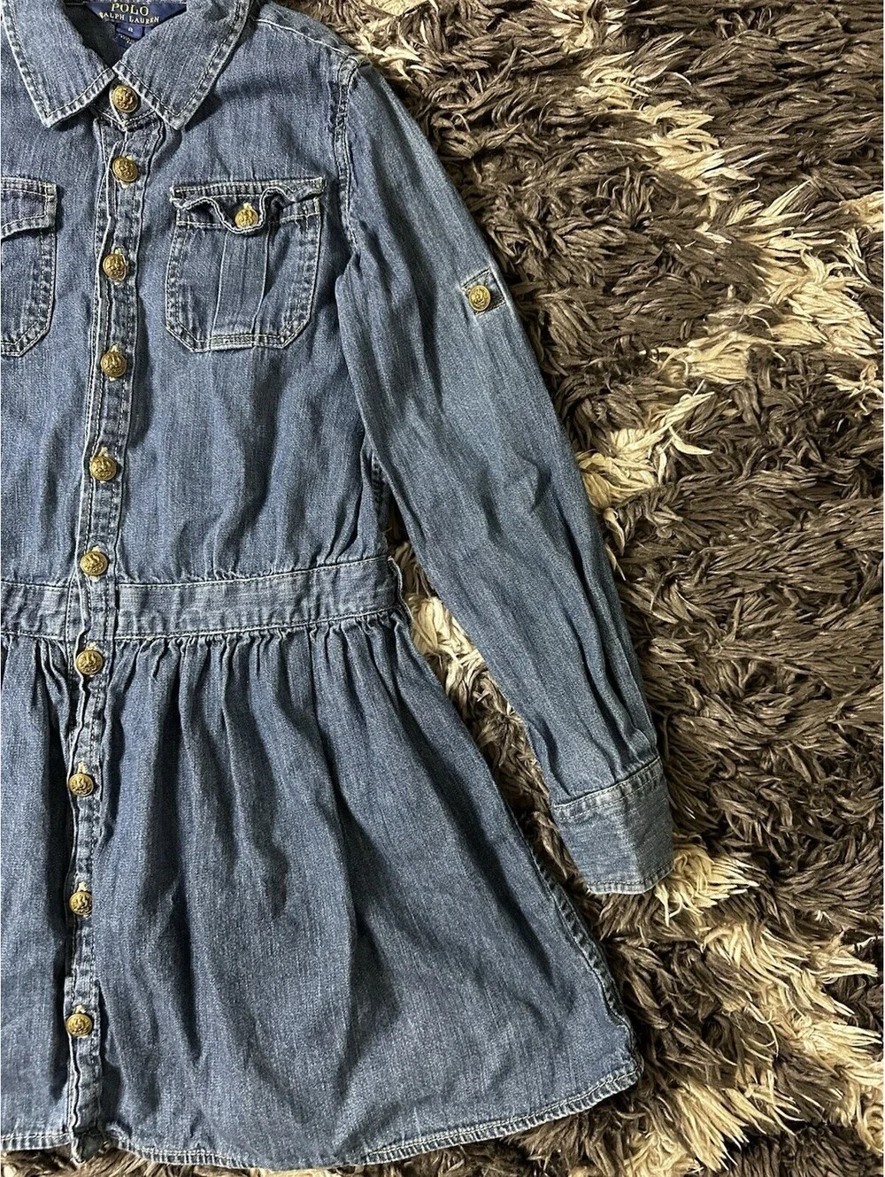 Polo Ralph Lauren Girls Denim Dress Button Front Long Sleeve Blue Size 8